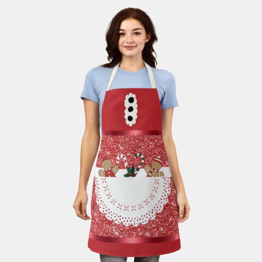ポケットのクリスマスでいっぱいの赤グリッターメタリック夫人クロース エプロン (着用した状態)