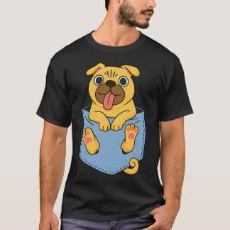 ポケットの中の愛らしいパグのイラスト 面白い犬のキャラクター Tシャツ