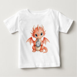 ポケットウォッチを持つ可愛いオレンジのベビードラゴン 子供用 ベビーTシャツ