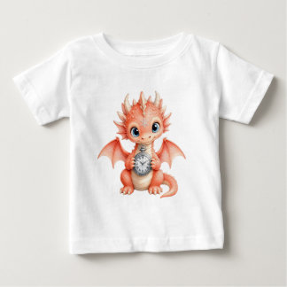ポケットウォッチを持つ可愛いオレンジのベビードラゴン 子供用 ベビーTシャツ
