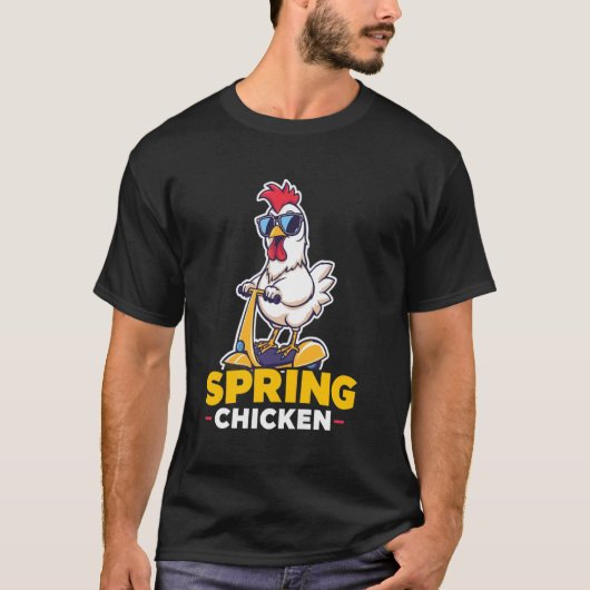 ポゴスティックで跳ねる春の若鶏 - 面白いニワトリ Tシャツ (正面)