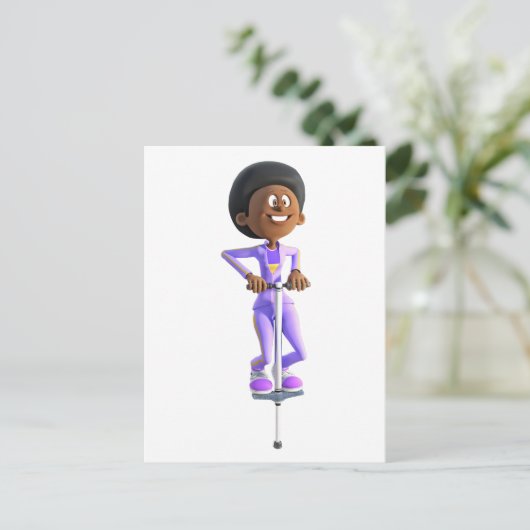 ポゴスティックに乗るアフリカ系アメリカ人漫画の少女 ポストカード (スタンド正面)