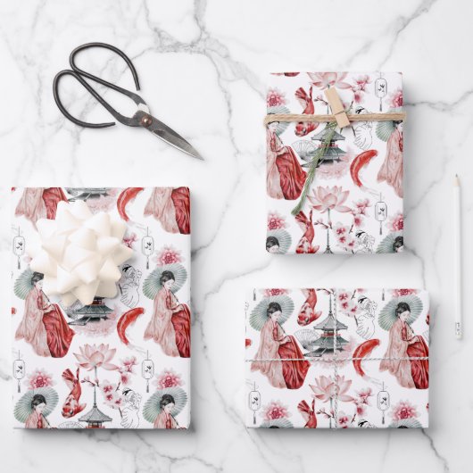 ポゴダ日本の、芸者、鶴、コイ ラッピングペーパーシート (正面)