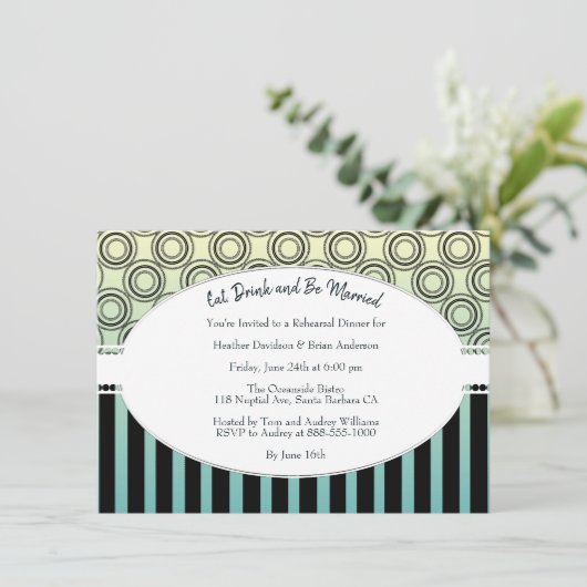 ポシュイエローアンドティール(緑がかった色)リハーサルディナー招待状 招待状 (スタンド正面)