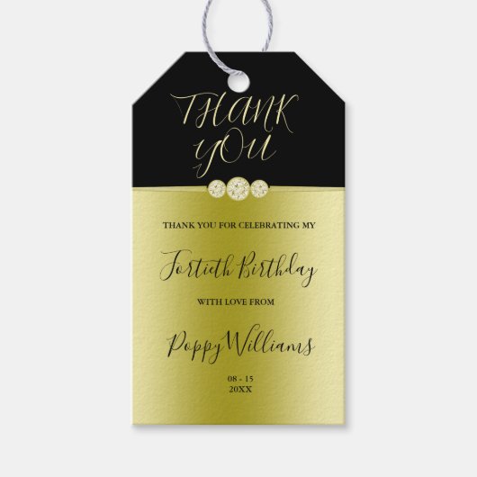 ポシュ金ゴールド&ブラックエレガントダイヤモンド40th誕生日 ギフトタグ (正面)
