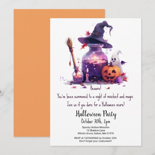 ポションズカボチャ幽霊ウィッチハットハローウィンパーティ 招待状 (正面/裏面)