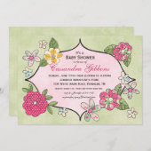 ポジズベかわいらしビーシャワー招待状-ラズベリー 招待状 (正面/裏面)