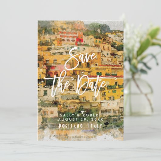ポジターノのイタリアの夏の結婚式の日付カードを保存 サンキューカード (スタンド正面)