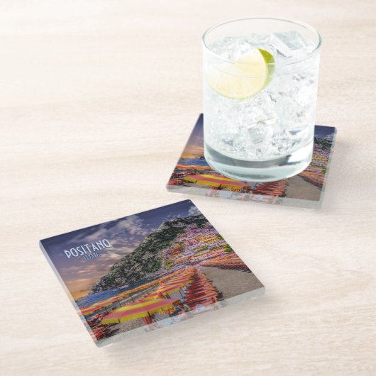 ポジターノイタリアアマルフィコーストサンセットヴィンテージトラベル ガラスコースター (アングル)