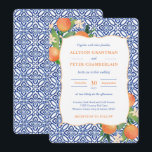 ポジターノブルータイルミカン結婚柑橘類 招待状<br><div class="desc">ヴィンテージアズレジョ[青い白いタイル]水色オレンジと光沢のある緑のデザインで補完さ葉れた</div>