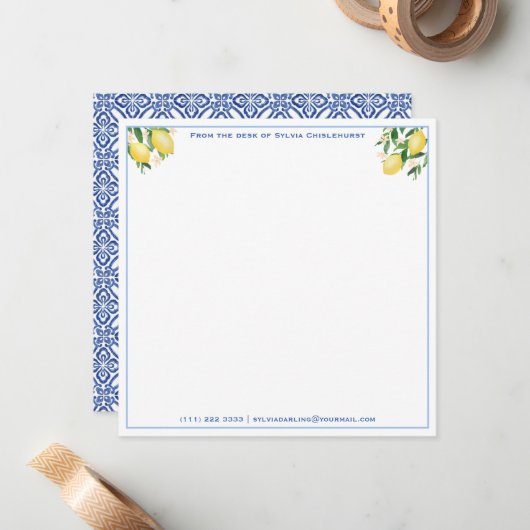 ポジターノレモン青いタイル赤ちゃんシャワーありがとう ノートカード (正面/裏面インサイチュ)