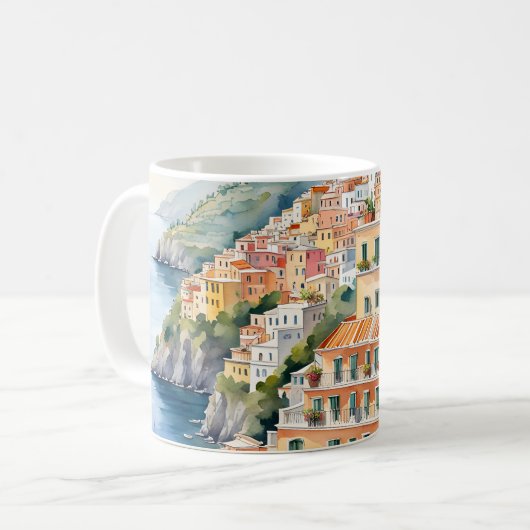 ポジターノ：水彩チャームイタリアのアマルフィ海岸 コーヒーマグカップ (正面左)