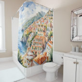 ポジターノ：水彩チャームイタリアのアマルフィ海岸 シャワーカーテン (インサイチュ)