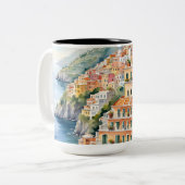 ポジターノ：水彩チャームイタリアのアマルフィ海岸 ツートーンマグカップ (正面左)