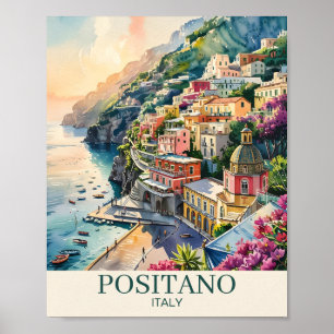 ポジティアーノ イタリア アマルフィ海岸 水彩風景画 ポスター