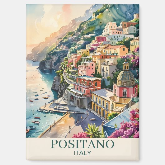 ポジティターノ イタリアの家 色とりどりの水彩画 マグネット (正面)