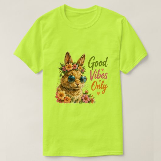 ポジティブうさぎ | かわいい花柄のうさぎの夏デザイン Tシャツ (デザイン正面)