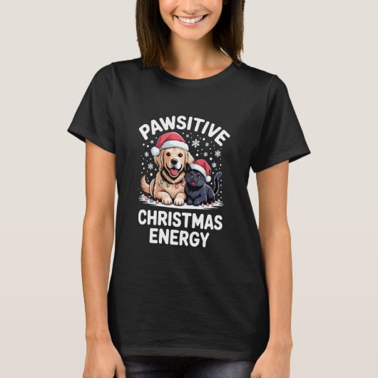 ポジティブなクリスマスのエネルギー かわいい犬猫好き ホーリー Tシャツ (正面)