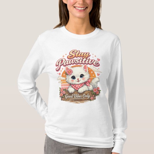 ポジティブな猫のロングTシャツ Tシャツ (正面)