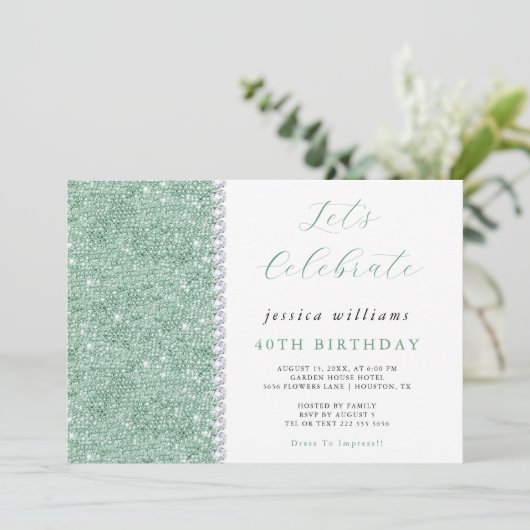 ポスシークンズ&ダイアモンズミントグリーン誕生日 招待状 (スタンド正面)