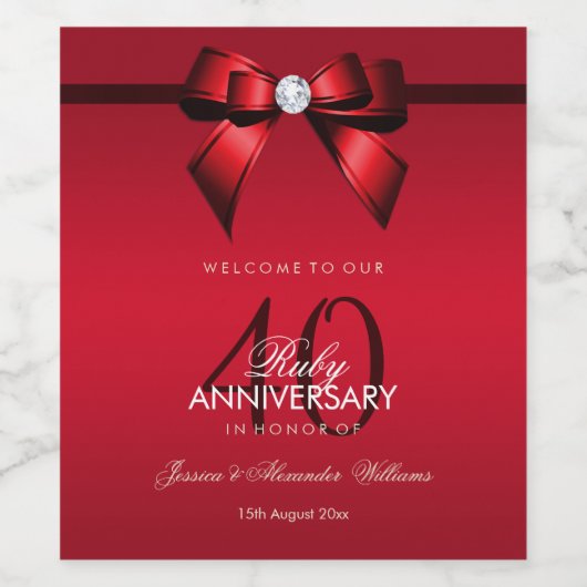 ポスジェムボウ&リボン40結婚周年記念 ワインラベル (シングルラベル)