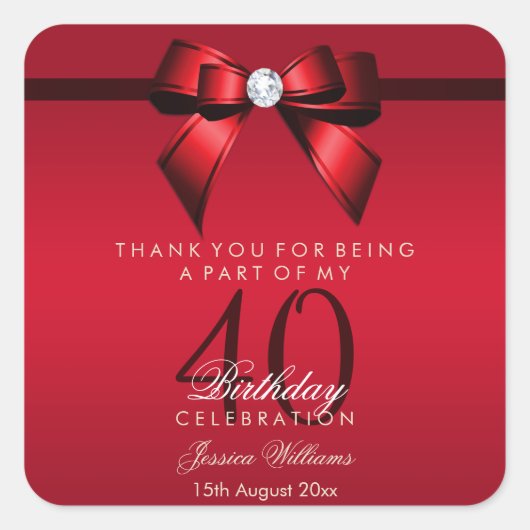 ポスジェムボウ&リボン40th誕生日 スクエアシール (正面)