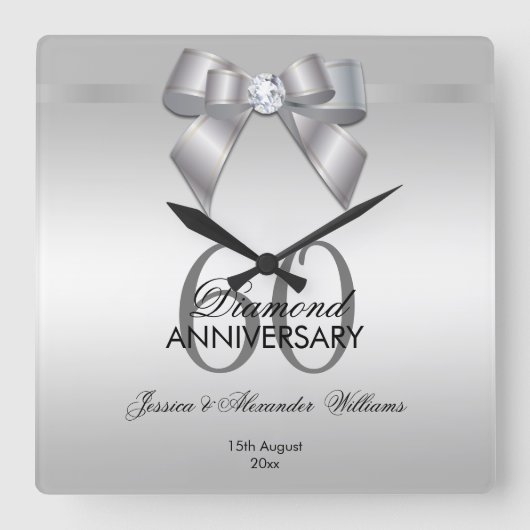 ポスジェムボウ&リボン60結婚周年記念 スクエア壁時計 (正面)