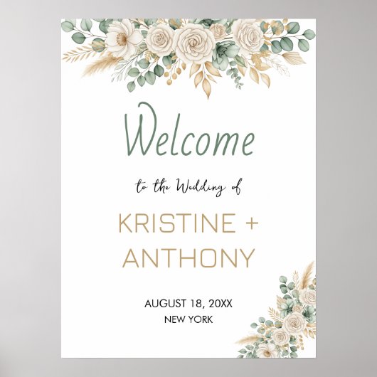 ポスターエレガント赤面フローラ結婚のウェルカムサイン ポスター (正面)