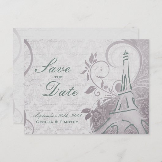 ポスタ素朴ー：繊細なティール（緑がかった色）&パープル日付を保存 案内ポストカード (正面/裏面)