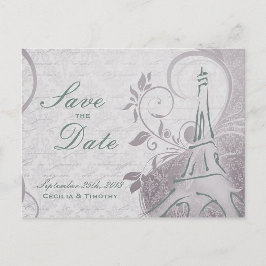 ポスタ素朴ー：繊細なティール（緑がかった色）&パープル日付を保存 案内ポストカード (正面)