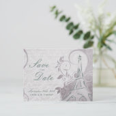 ポスタ素朴ー：繊細なティール（緑がかった色）&パープル日付を保存 案内ポストカード (スタンド正面)