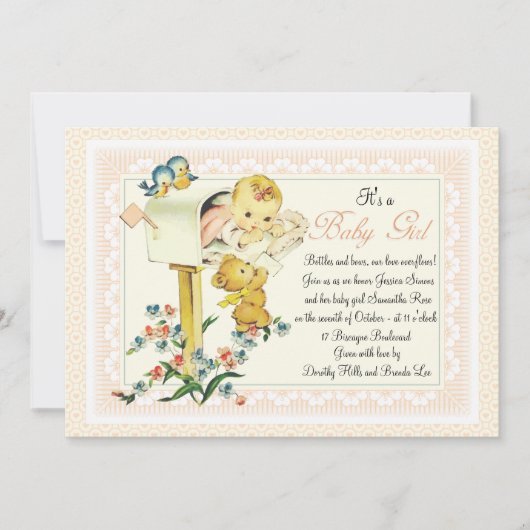 ポストのベビーシャワーの中のヴィンテージの女の赤ちゃん 招待状 (正面)