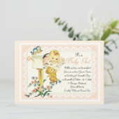 ポストのベビーシャワーの中のヴィンテージの女の赤ちゃん 招待状 (スタンド正面)