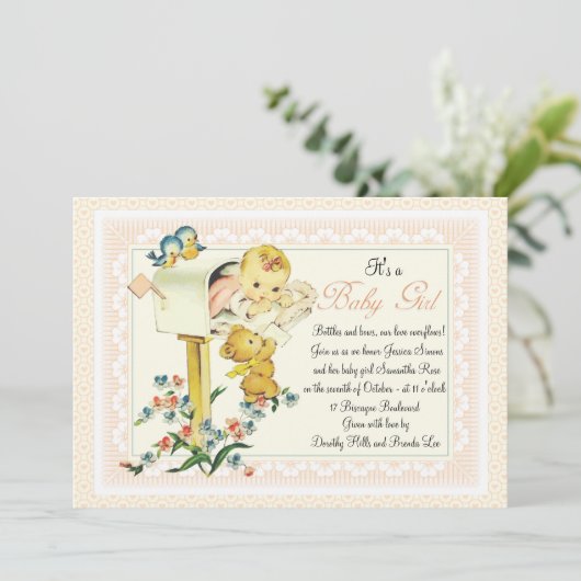 ポストのベビーシャワーの中のヴィンテージの女の赤ちゃん 招待状 (スタンド正面)