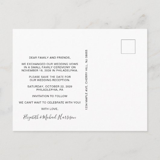 ポストウェディングレセプションダスティブルー日付を保存 案内ポストカード (裏面)