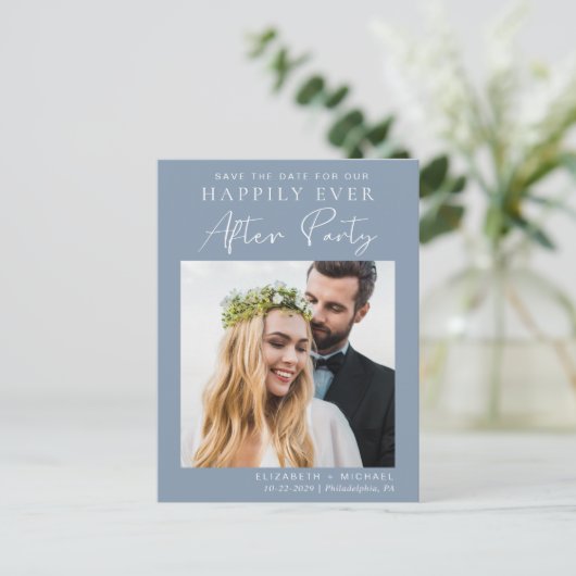 ポストウェディングレセプションダスティブルー日付を保存 案内ポストカード (スタンド正面)