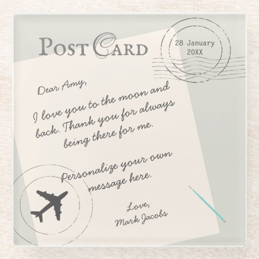 ポストカーカスタムドのメッセージパーソナルラブノート ガラスコースター (正面)