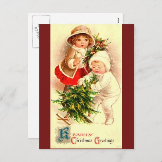 ポストカードに描かれた可愛いヴィンテージクリスマスの子ども画像 シーズンポストカード (正面/裏面)