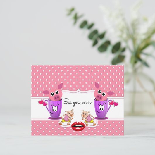 ポストカードピンクピッグズドットを見て早く会おう! ポストカード (スタンド正面)