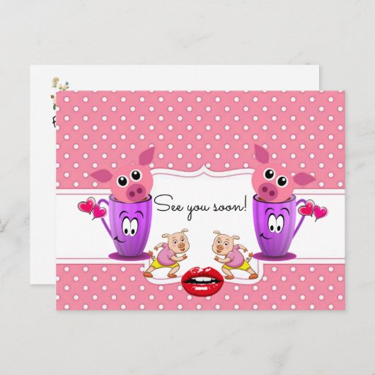 ポストカードピンクピッグズドットを見て早く会おう！ ポストカード (正面/裏面)
