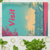 ポストカードレトロエッフェルタワートラベルイラストレーション キッチンタオル (折り畳み)