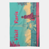 ポストカードレトロエッフェルタワートラベルイラストレーション キッチンタオル (縦)