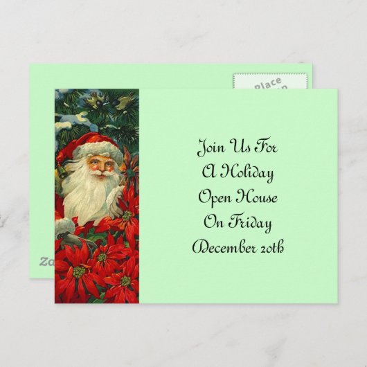 ポストカードヴィンテージサンタ&ポインセティアスホリデーパーティー インビテーションポストカード (正面/裏面)