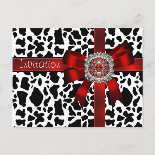 ポストカード招待状カウレッドボウ白黒 インビテーションポストカード (正面)