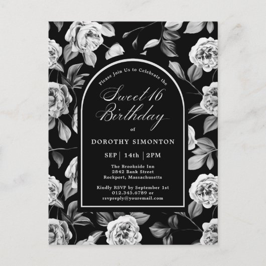 ポストカード招待状白黒フローラスウィート16 ポストカード (正面)