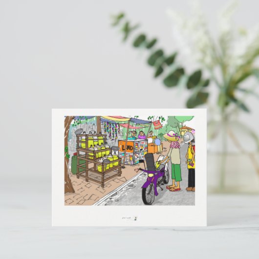 ポストカード アジアの通り景色とバイク (スタンド正面)