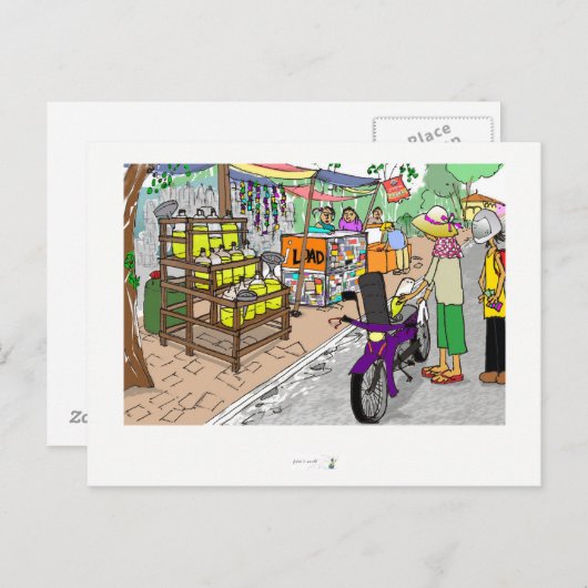 ポストカード アジアの通り景色とバイク (正面/裏面)