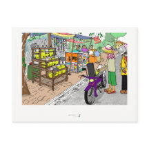 ポストカード アジアの通り景色とバイク