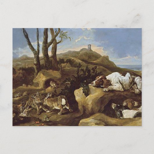 ポストカード：スパニエル犬が砂丘でウサギをスターキング ポストカード (正面)