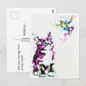 ポストカード - 子猫とハチドリ (正面/裏面)